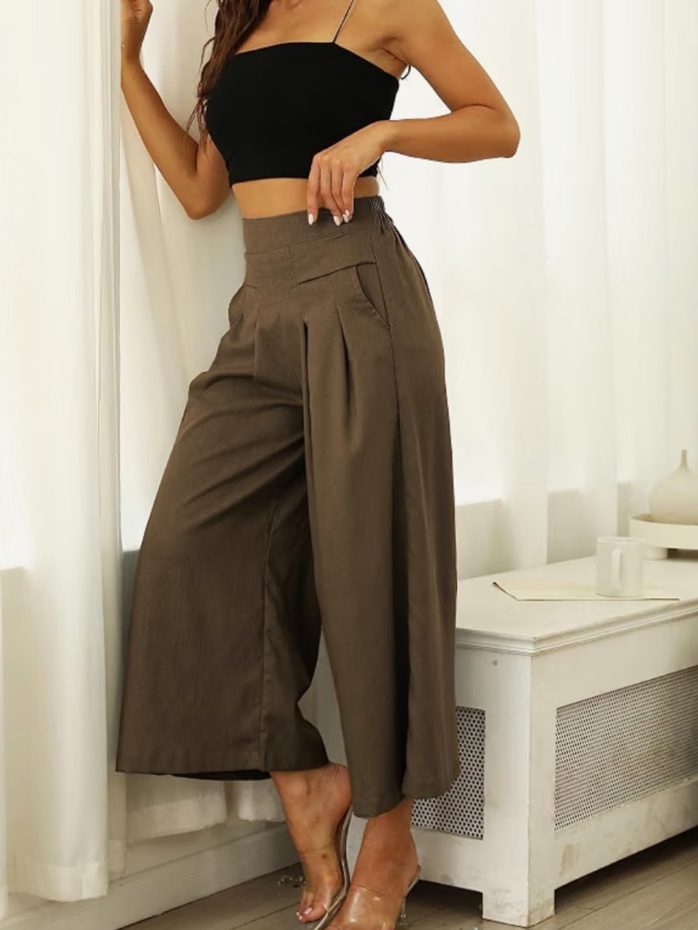 NWT Dark Cocoa Wide Leg Linen Blend Pant Size Large